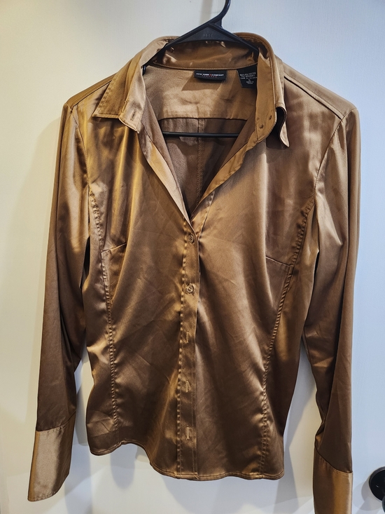New York & Company Tops - New York & Company Satin Dress Shirt in Bronze